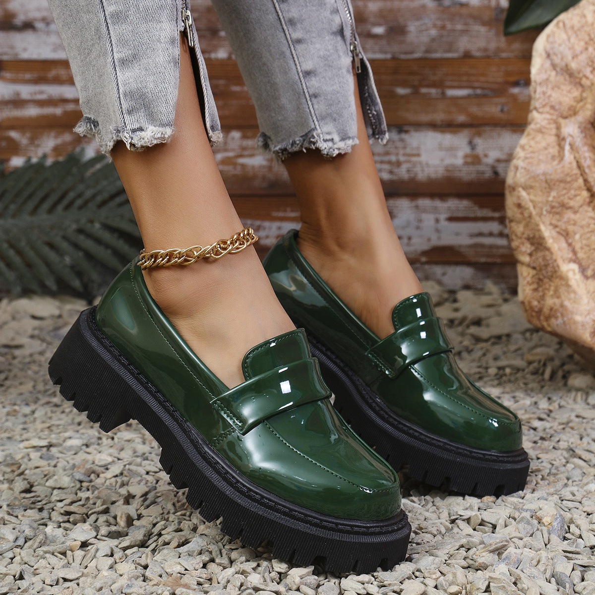 Plus Size British Style Slip-on Thick Bottom Chunky Heel Stylish Loafers