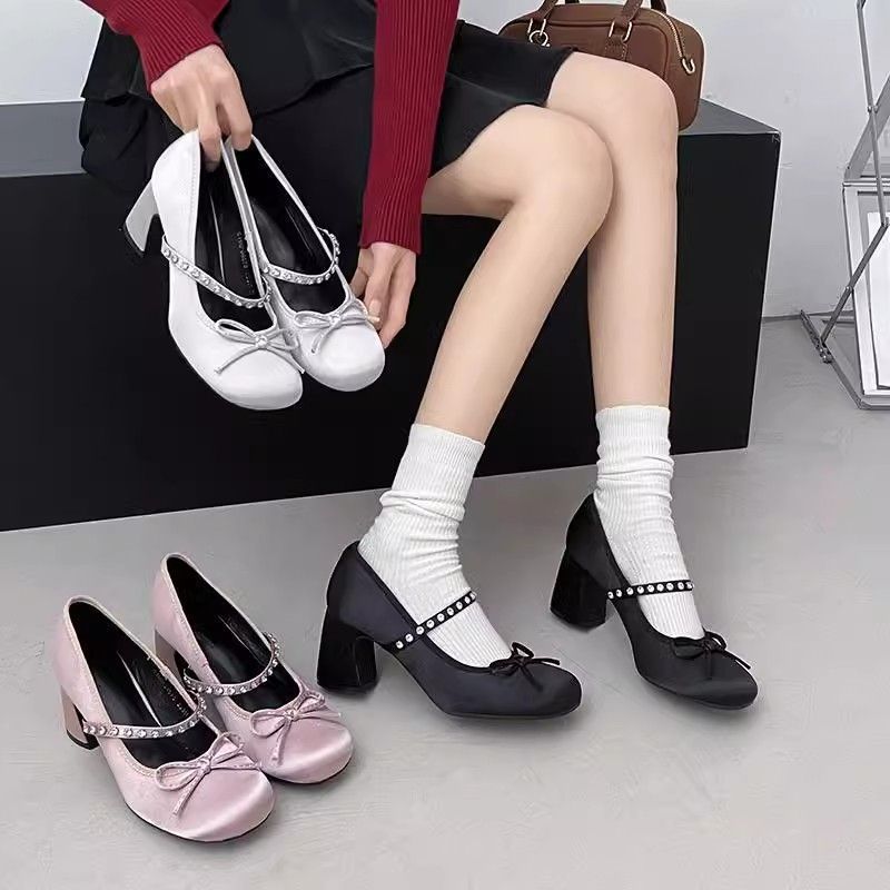 New Single Layer Gentle Bow French Round Head Low-cut Rhinestone Word With Mary Jane Shoes
