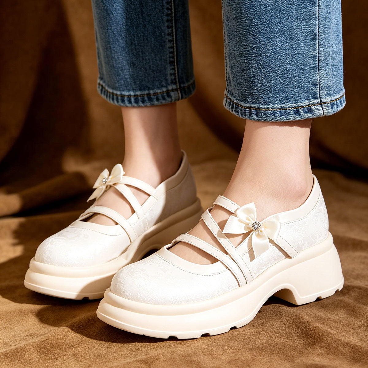 Sweet Bow Platform Mary Jane Shoes, Ivory Chunky Sole Pumps For Daily Wear