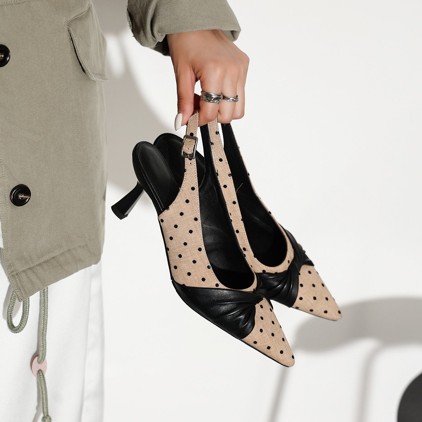 Women's Polka Dot Slingback Heels, Pointed Toe Genuine Lambskin Slingback Pumps