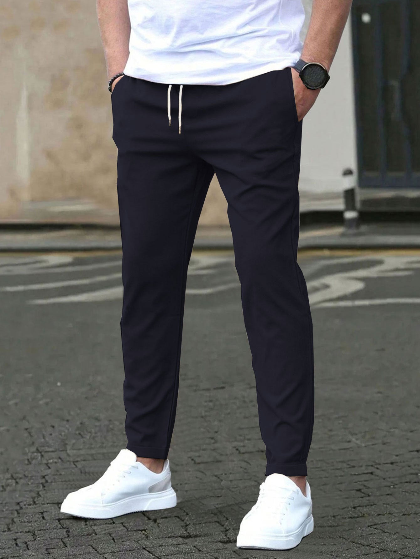 Casual Slim Fit Leather Tag Cropped Pants Solid Color Pants