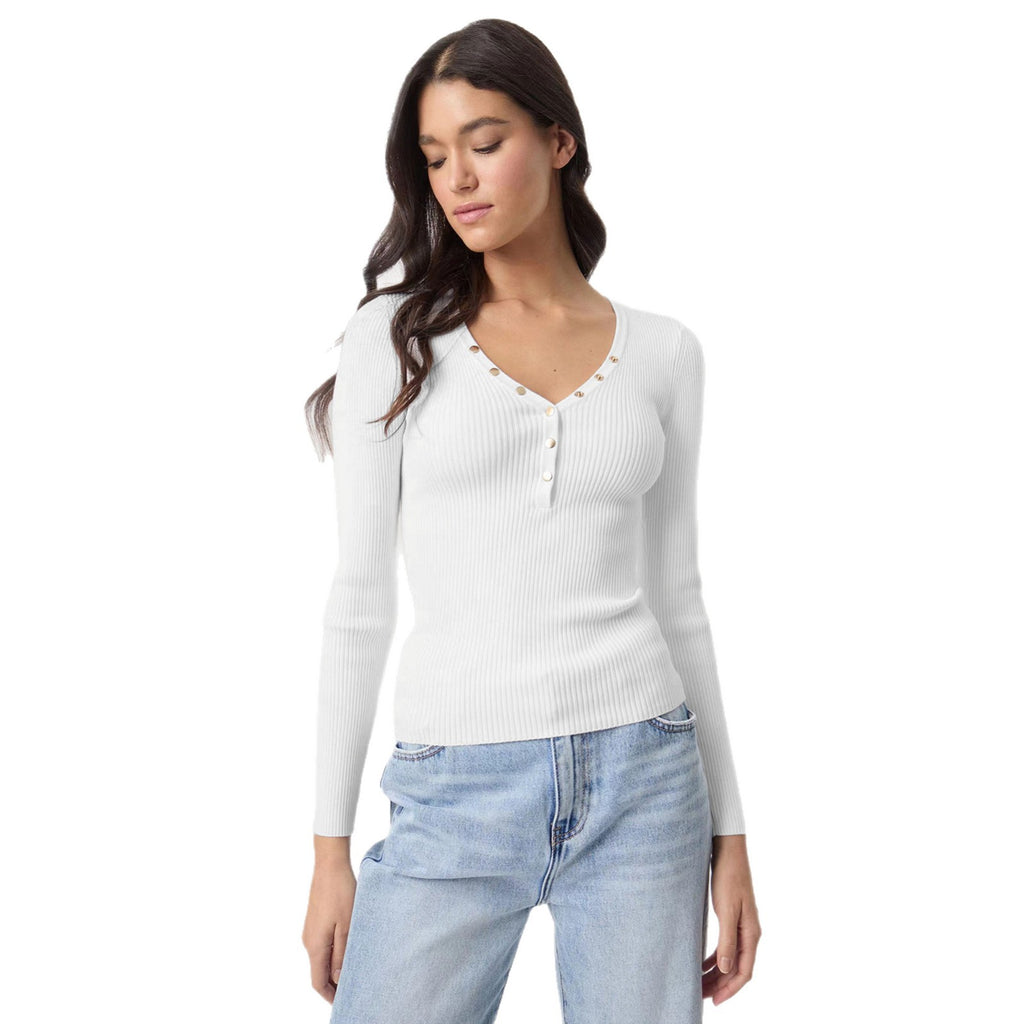 High-end Textured V-neck Buttoned Slim-fit Figure-flattering Long-sleeve T-shirt