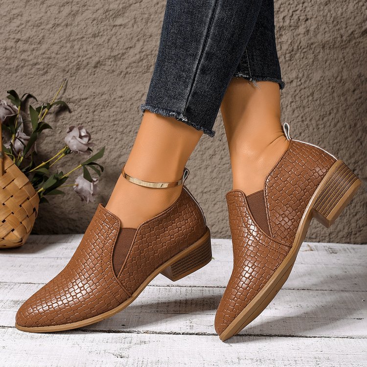 Pointed-toe High-cut Pumps Brown Chunky Heels Ankle Large Size Small Leather Shoes