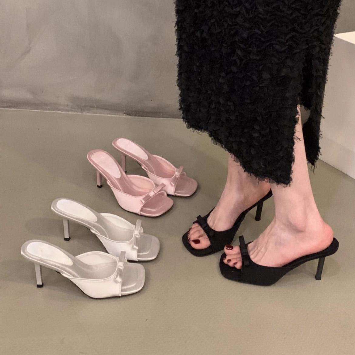 Square Head Fairy Bow High Heel Slippers Ankle-strap Stilettos