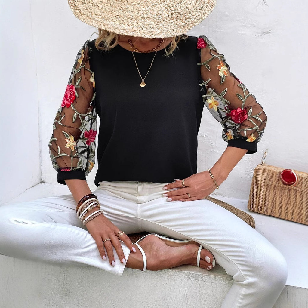 Women's Casual Mesh Black Patchwork Top