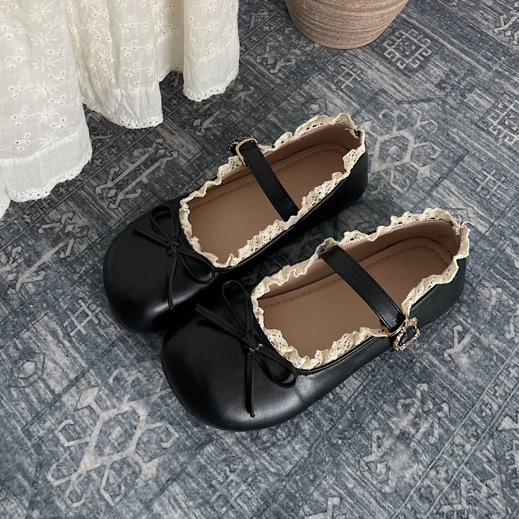Round Toe Vintage Bow Leather Flat Shoes
