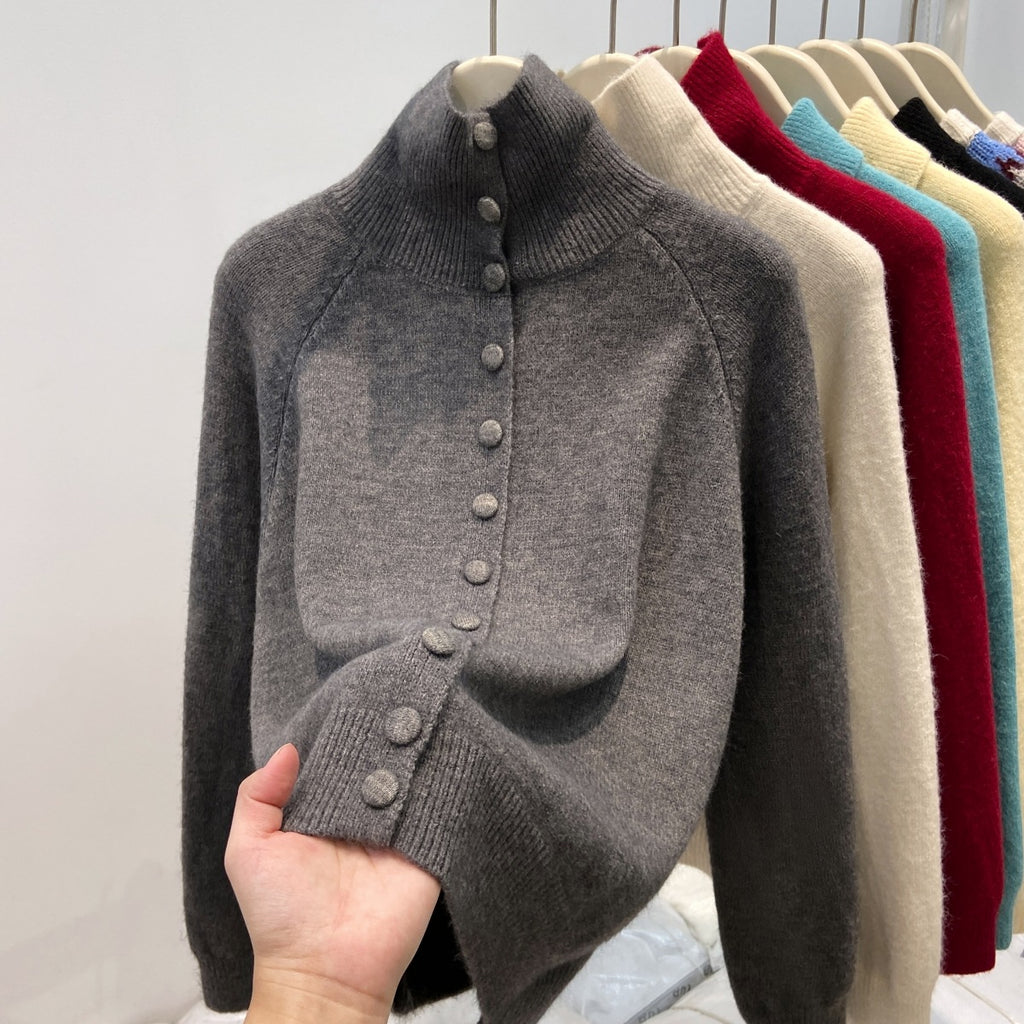 Women's Turtleneck Single-breasted Cardigan Loose And Lazy Style Knitted Sweater