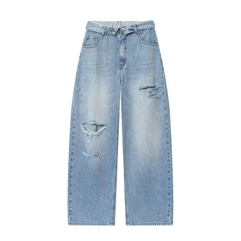 Women's Loose Mid Waist Fold Waist Jeans
