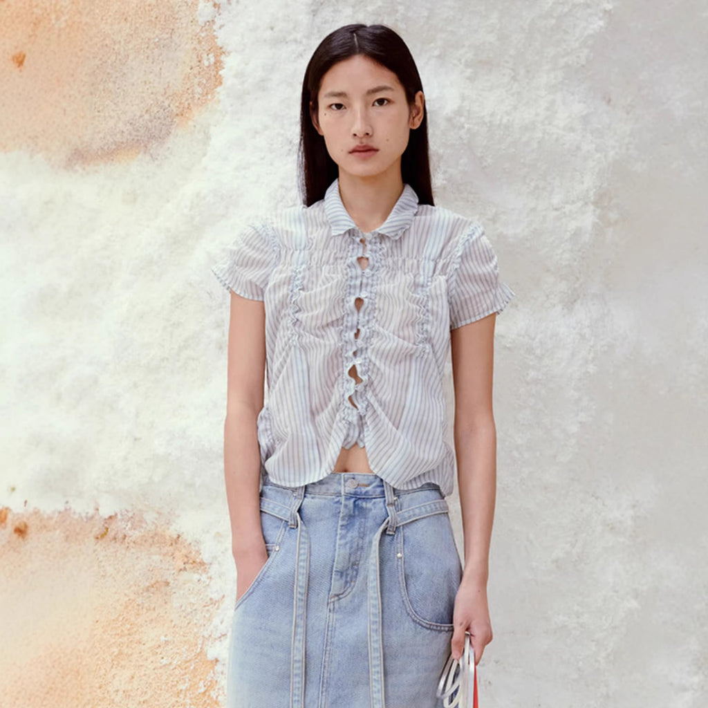 Ruffled Slim-fit Pleated Short-sleeve Top With Drawstring A-line Skirt