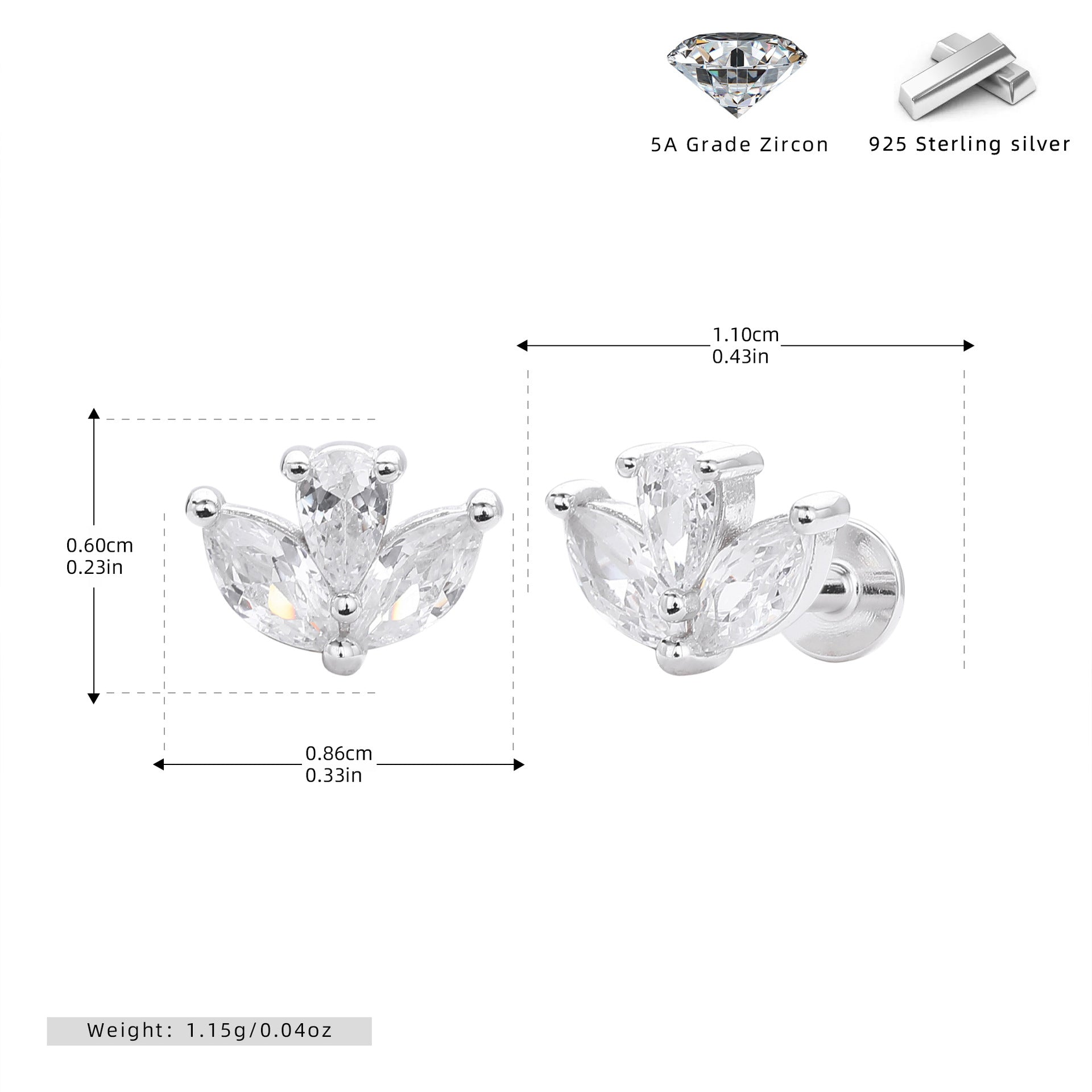 S925 Sterling Silver Inlaid Zirconium Piercing Ear Stud Nose Stud