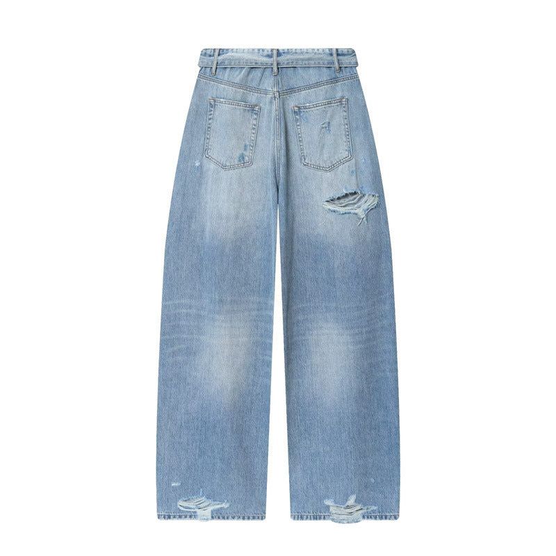 Women's Loose Mid Waist Fold Waist Jeans