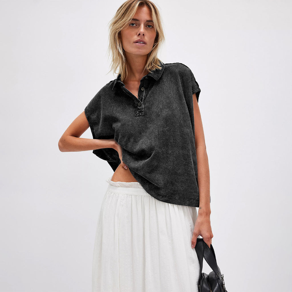 Turn-down Collar Drop-shoulder Loose-fit Casual Top