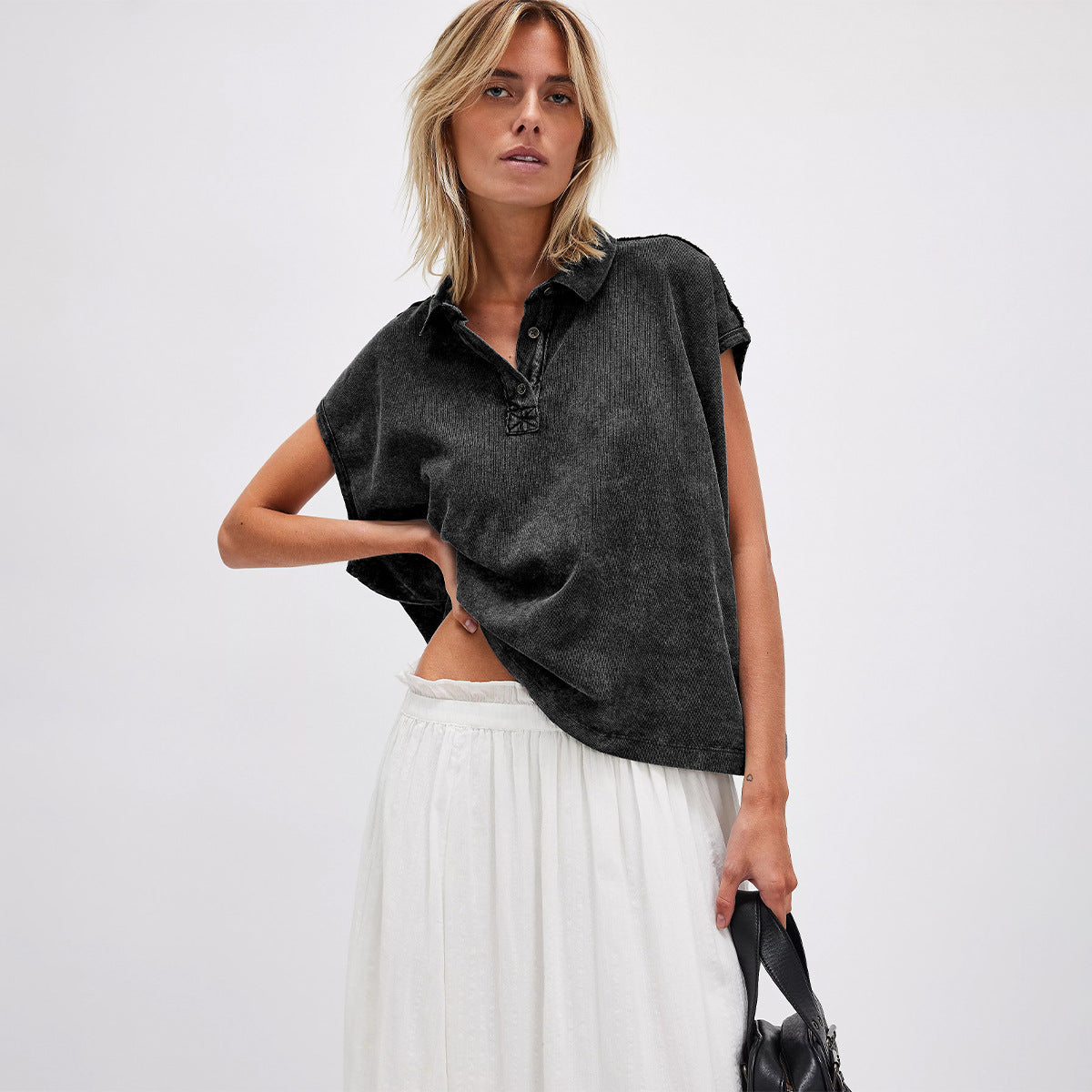Turn-down Collar Drop-shoulder Loose-fit Casual Top