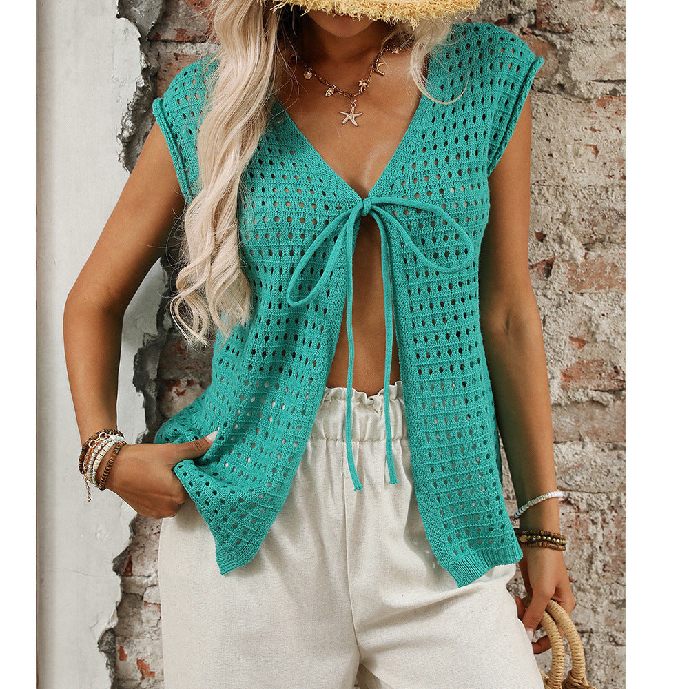 Womens Hollow-Out Sweater Short-Sleeve Knitted Cardigan