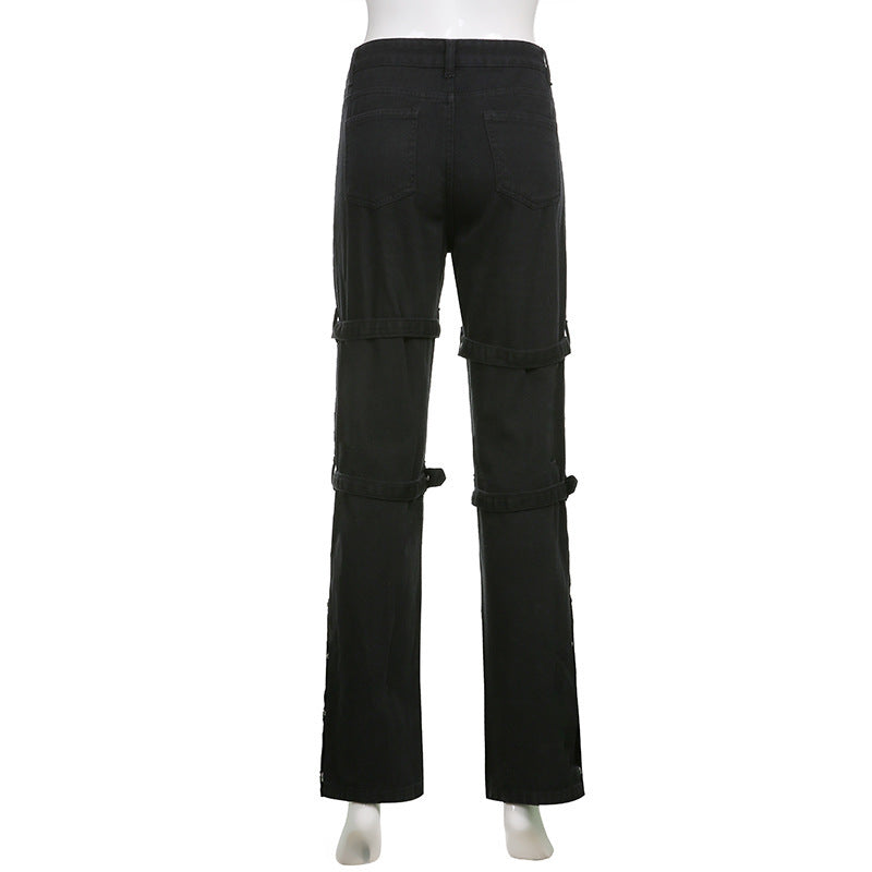 Street Cool Style Printed Metal Buckle Women's Denim Pants