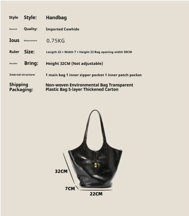 Niche Premium Black Large Capacity Leather One-shoulder Bucket Bag