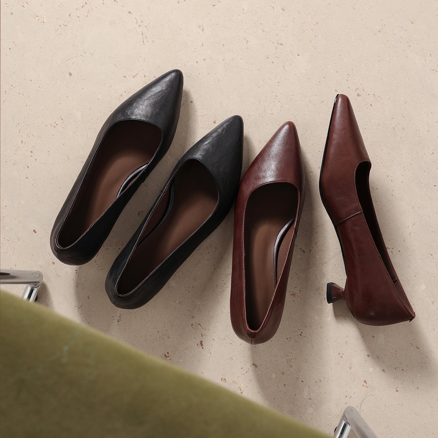 Women's Washed Full-Grain Cowhide Kitten Heel Pumps, Pointed Toe Handcrafted Leather Office Shoes