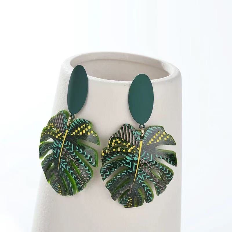 Green Palm Leaf Stud Earrings Minority Design Earrings