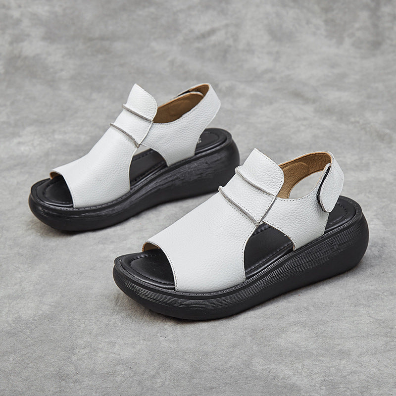 Peep Toe Casual Women's Shoes Summer Cowhide Raise The Bottom Sandals