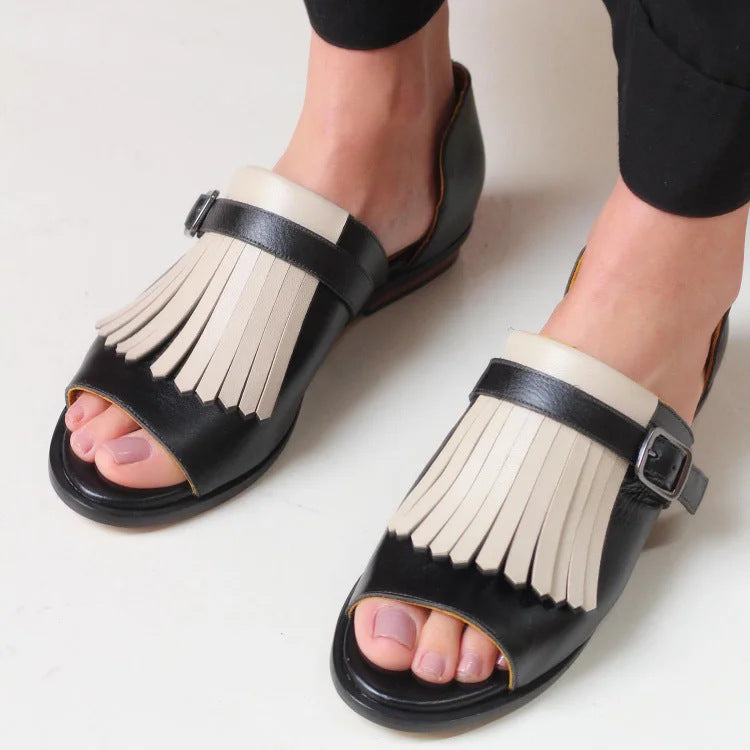 Summer Casual Flat Heel Tassel 40-43 Large Size Round Toe Beach Sandals For Women
