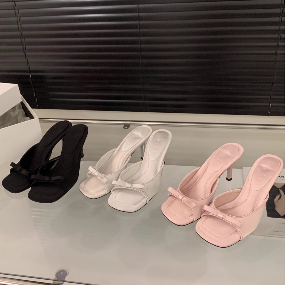 Square Head Fairy Bow High Heel Slippers Ankle-strap Stilettos