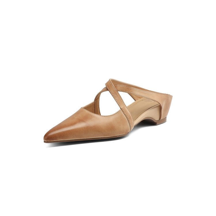 Vintage First Layer Washed Cowhide Pointed-toe Mules Shoes Outer Wear