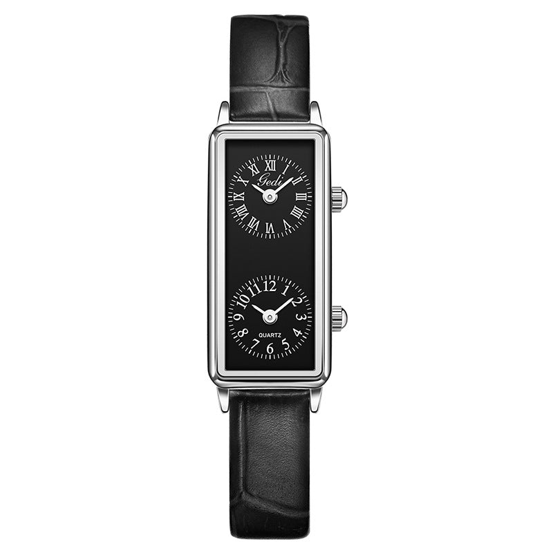 Creative Double Time Zone Business Niche Retro Rectangular High Sense Double Inserts Women's Quartz Watch