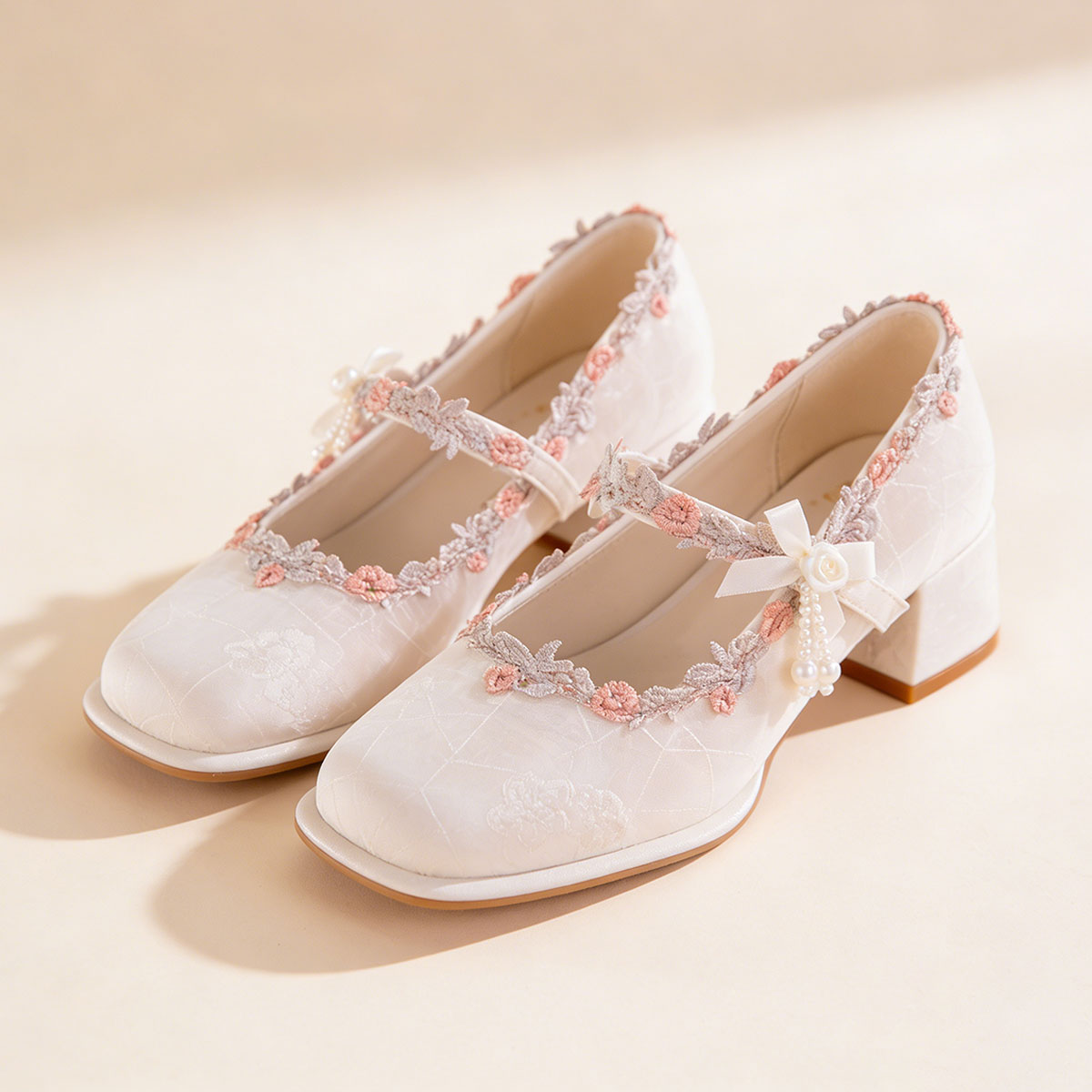 Elegant Oriental Jacquard Satin Mary Jane Shoes With Embroidered Lace And Pearls, Non-Slip Rubber Sole, Comfortable And Non-Fatiguing, Versatile High Heels For Everyday Wear, Parties, And Weddings