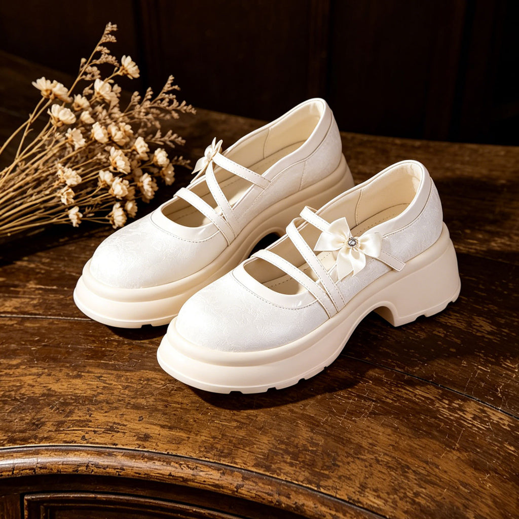Sweet Bow Platform Mary Jane Shoes, Ivory Chunky Sole Pumps For Daily Wear