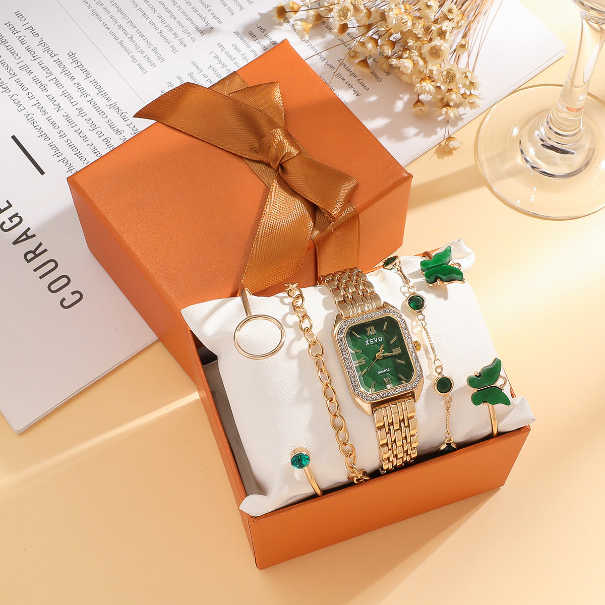 Wild Emerald Square Steel Watch Butterfly Bracelet 5pcsset Gift Set