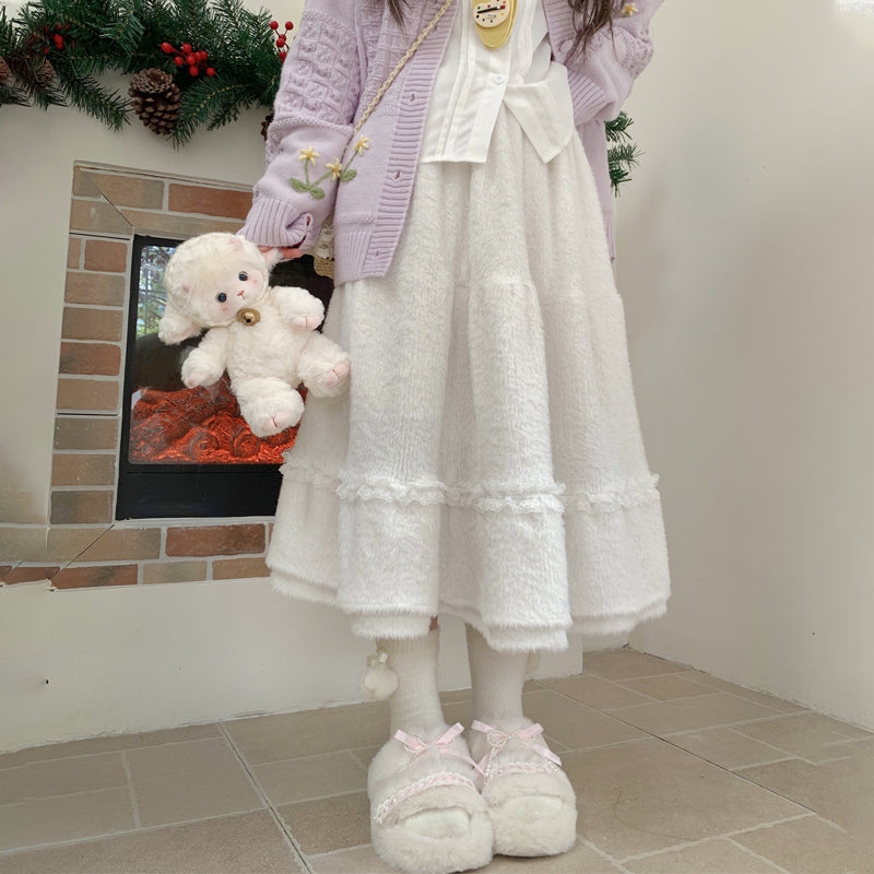 Plush Big Swing Mid-length High Waist Elastic Skirt