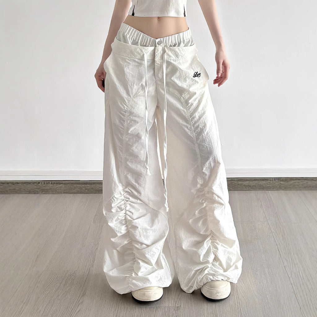 Ruffle Drawstring Lace Letters Embroidered Slacks