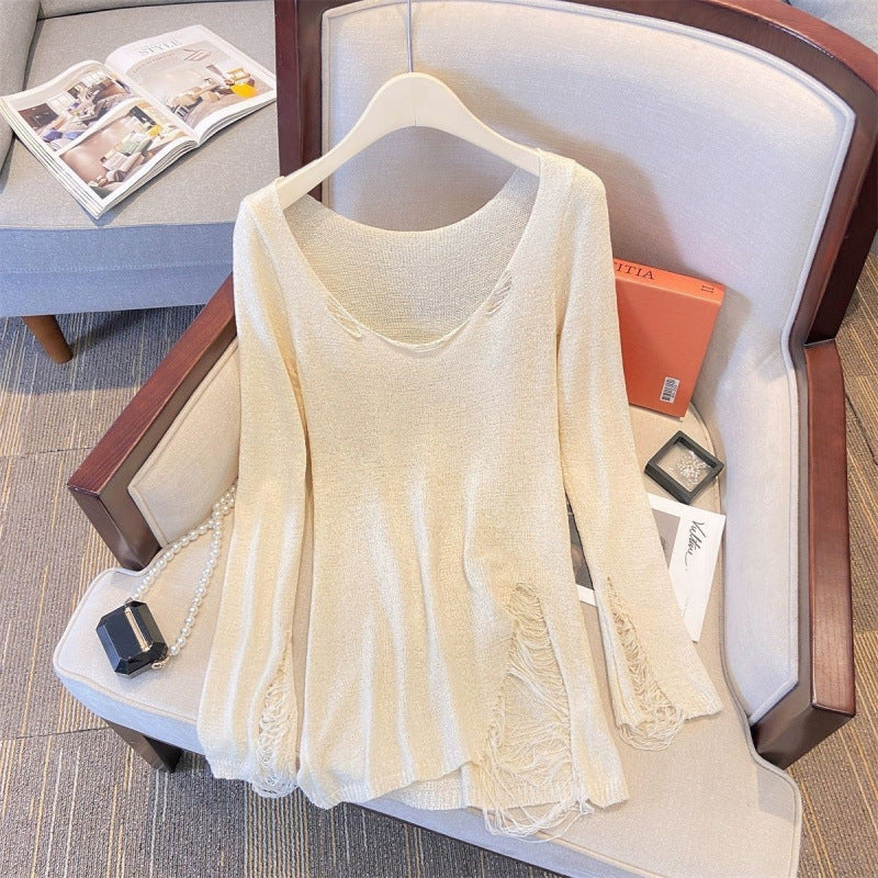 Loose, Casual-style Ripped And Cutout Long-sleeve Top