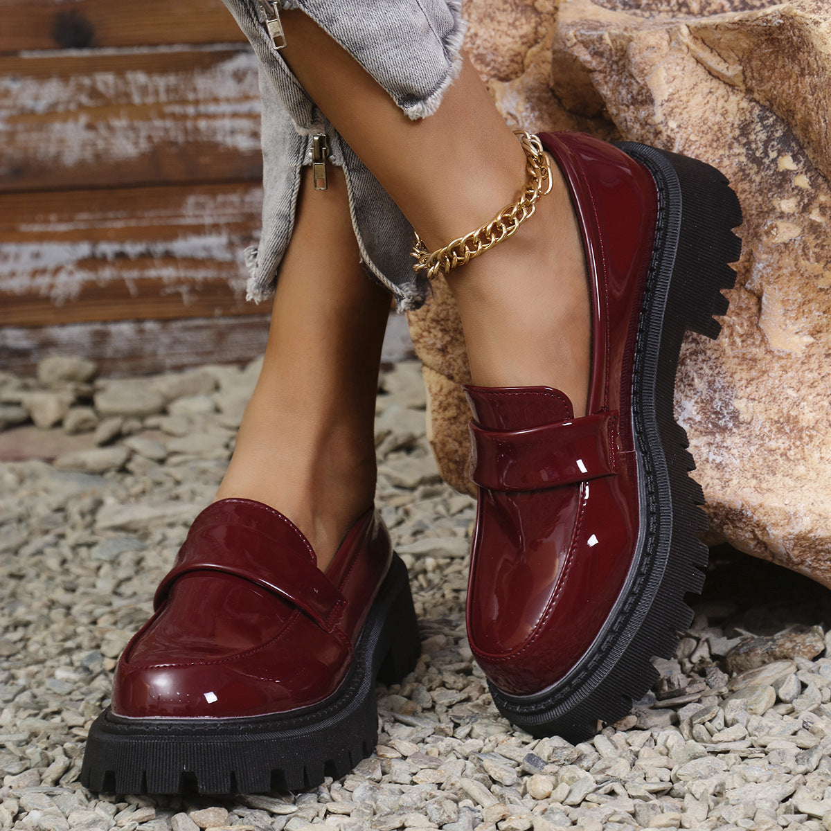 Plus Size British Style Slip-on Thick Bottom Chunky Heel Stylish Loafers
