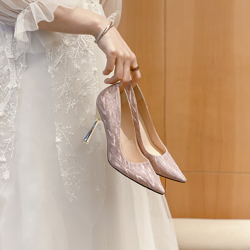 Large Size High Heel Stiletto Champagne Bridal Shoes