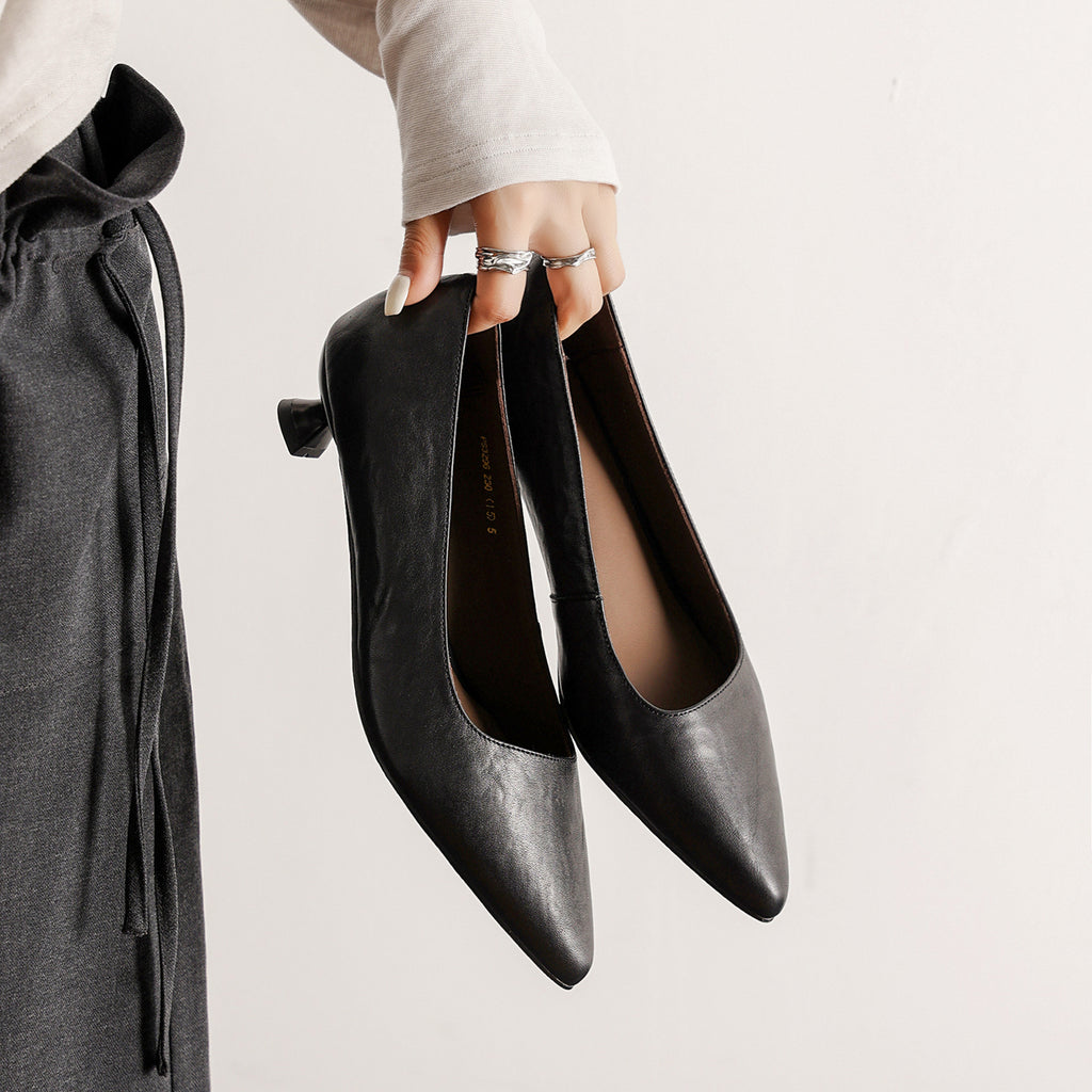 Women's Washed Full-Grain Cowhide Kitten Heel Pumps, Pointed Toe Handcrafted Leather Office Shoes