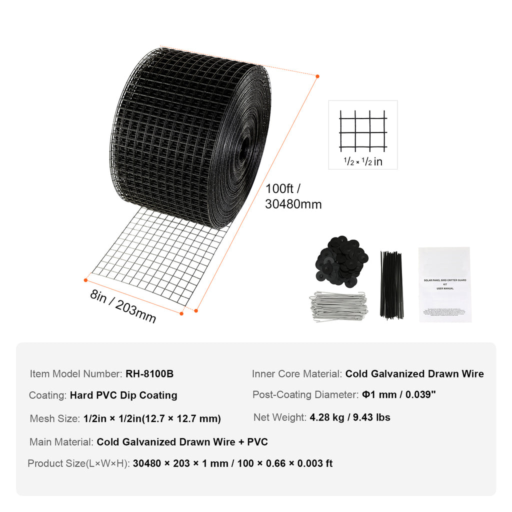 VEVORSolar Panel Bird Guard, Critter Guard Roll Kit With Stainless Steel Fasteners, Solar Panel Guard With Rust-proof PVC Coating,