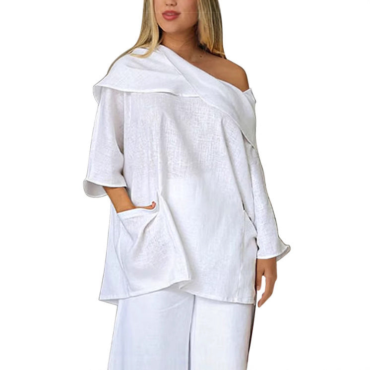 Womens Top With Large Pockets And Asymmetrical Neckline