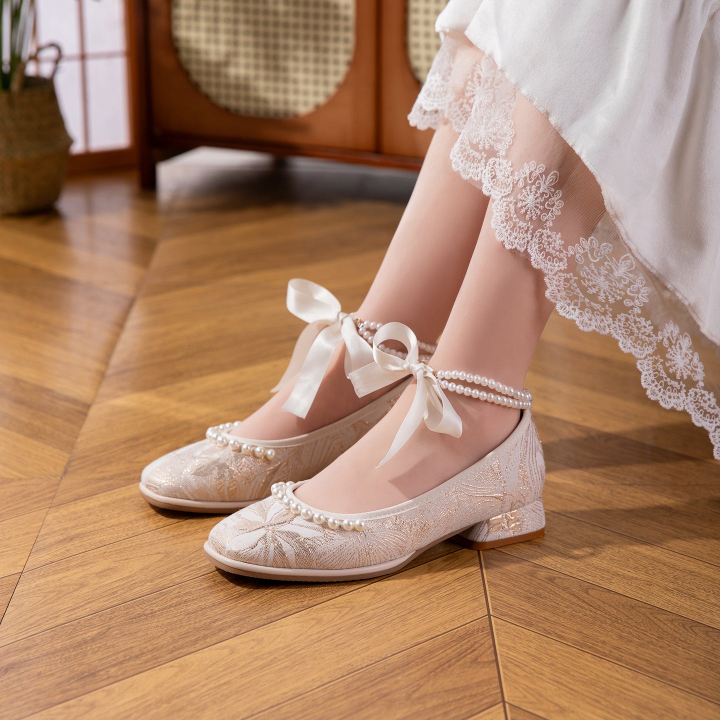 2026 New Jacquard Mary Jane Low Heel Women's Shoes - Pearl Ribbon Bow Square Toe Flared Single Shoes - Soft And Versatile Wedding Shoes