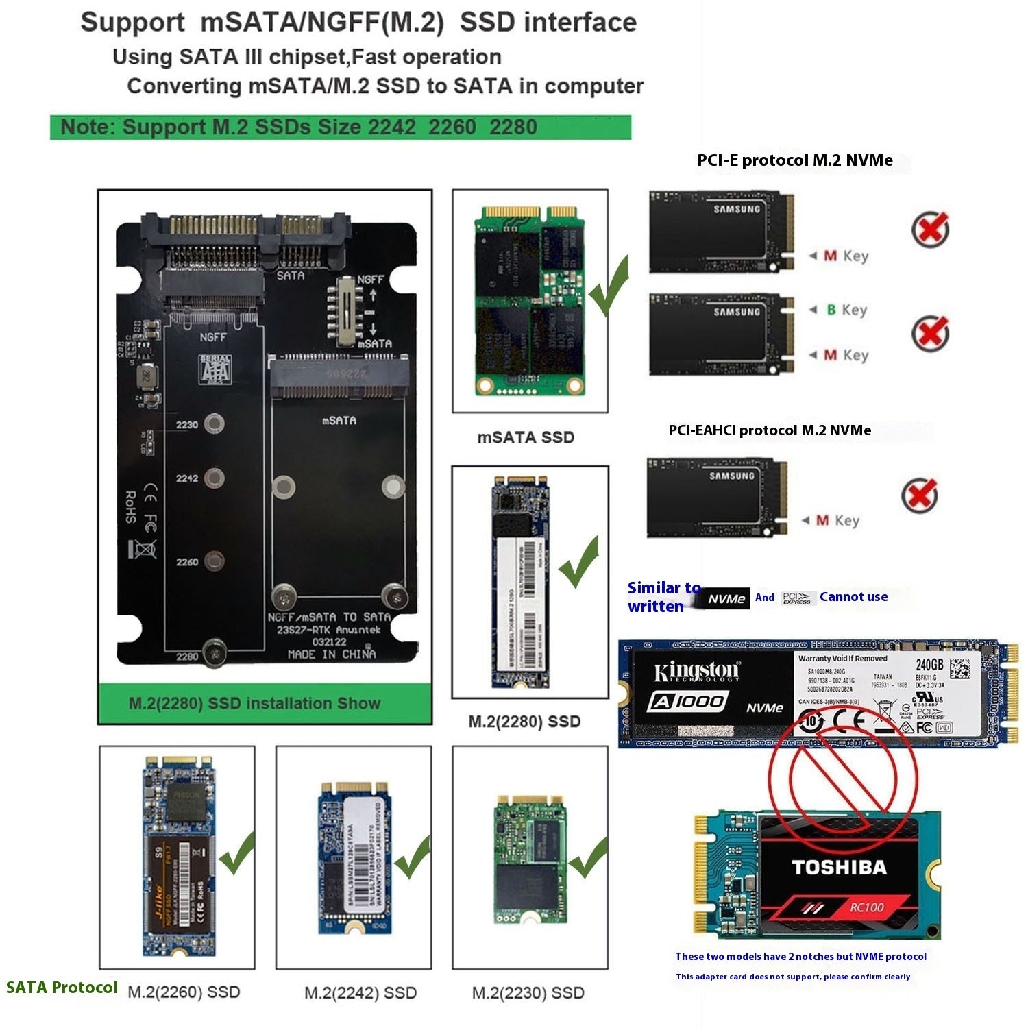 MSATAm2 N Solid State Hard Disk SSD Adapter Card
