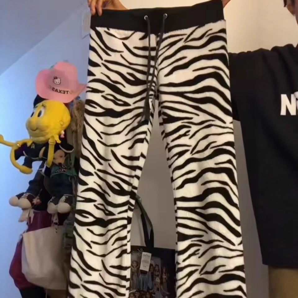 Slim-fit Striped Leopard Print Elastic Waist Drawstring Casual Trousers