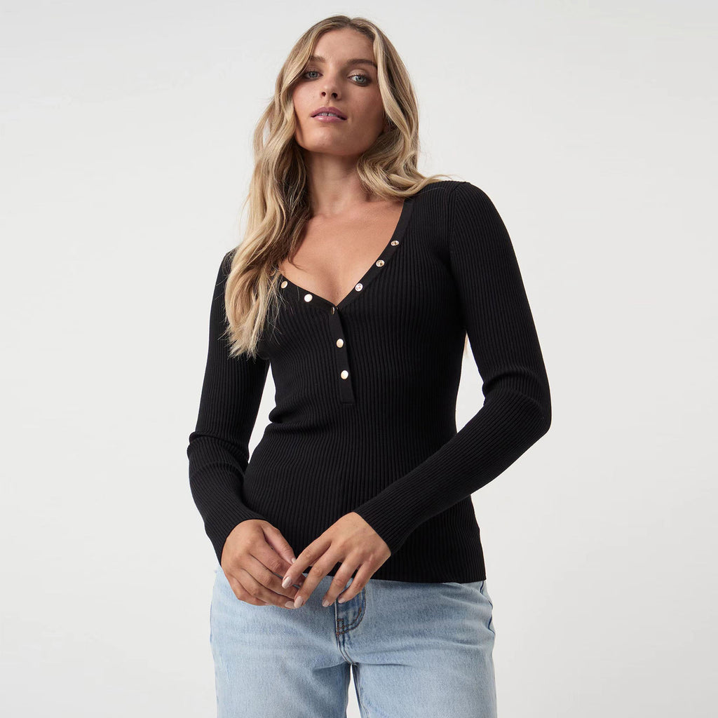 High-end Textured V-neck Buttoned Slim-fit Figure-flattering Long-sleeve T-shirt