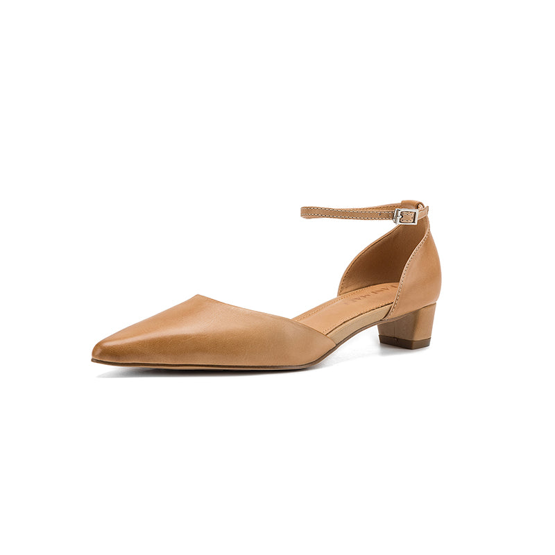 Women's Handmade Washed Leather Ankle Strap Pumps, Genuine Full-Grain Leather Pointed Toe Low Block Heel Sandals