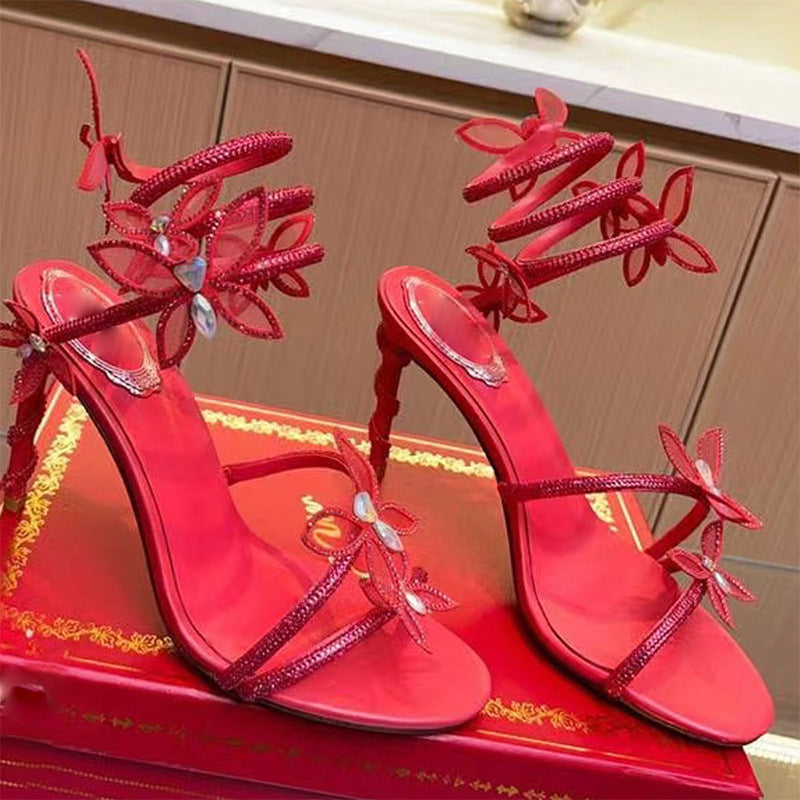 Snake Butterfly Rhinestone Flower Stiletto Heel Roman Sandals