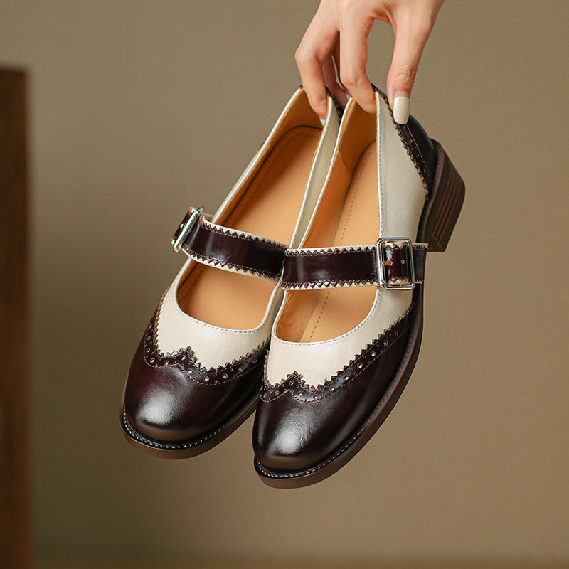 Square Head Female Color-blocking Leather Shoes Middle Documentary