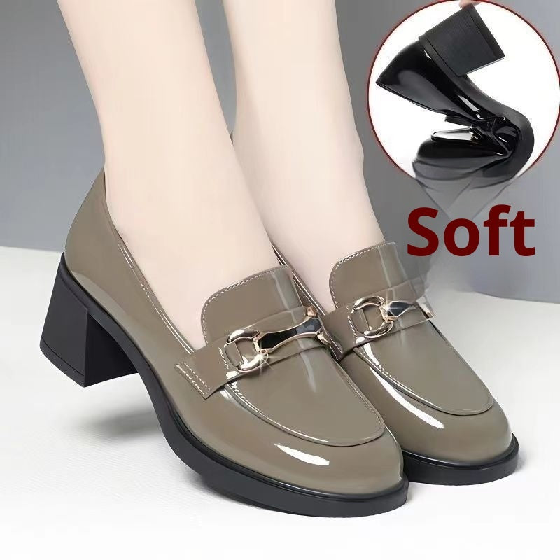 Dark Green Glossy Chunky Heel Metal Buckle Loafers For Women