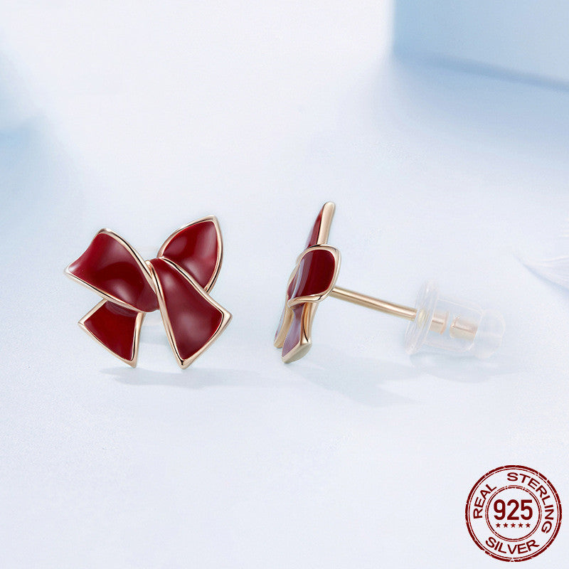 Silver Ziyun Original Wine Red Bow Stud Earrings