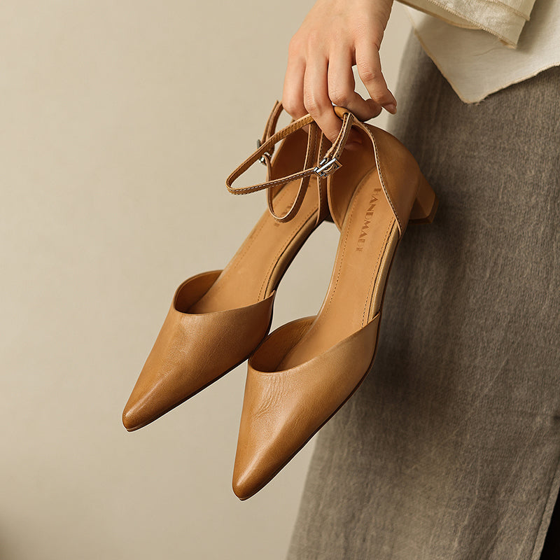 Women's Handmade Washed Leather Ankle Strap Pumps, Genuine Full-Grain Leather Pointed Toe Low Block Heel Sandals