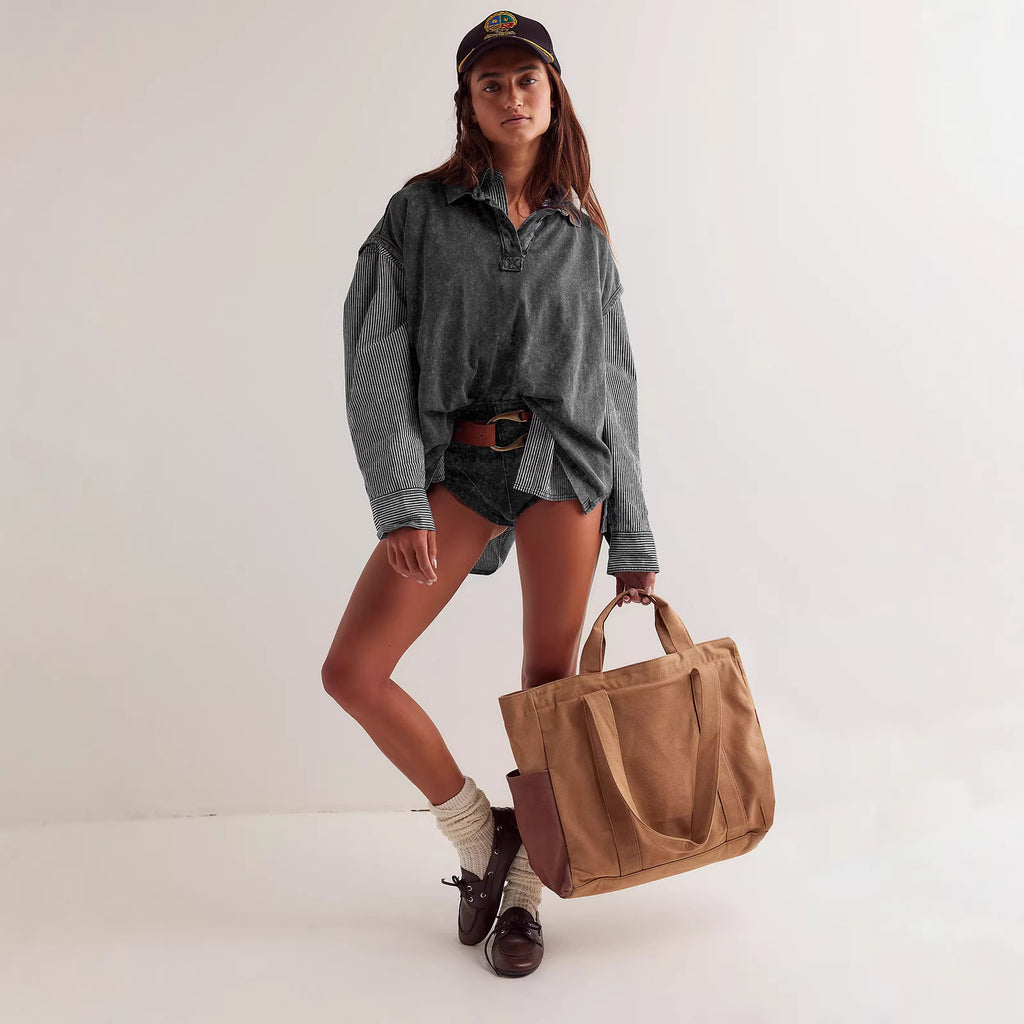 Turn-down Collar Drop-shoulder Loose-fit Casual Top