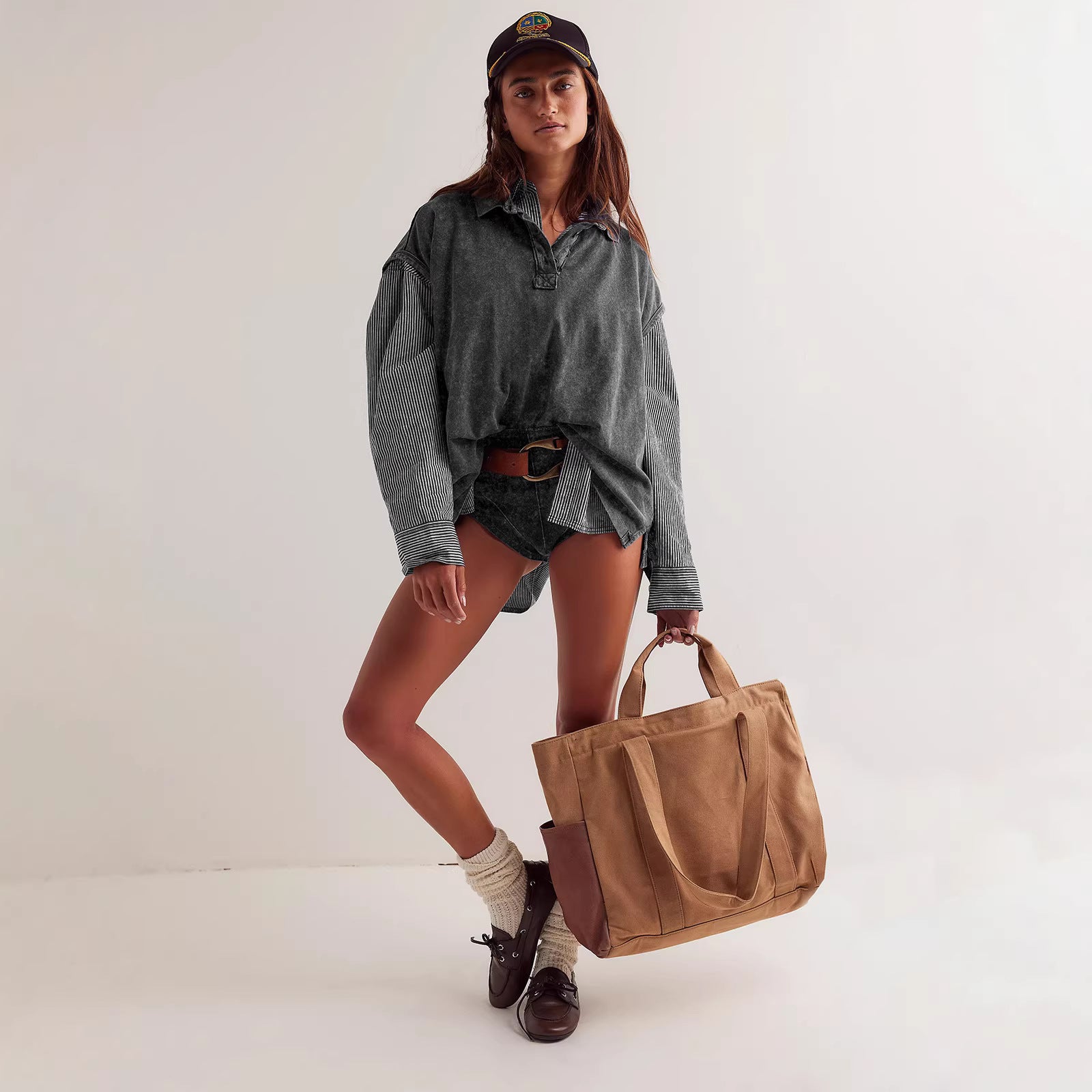 Turn-down Collar Drop-shoulder Loose-fit Casual Top